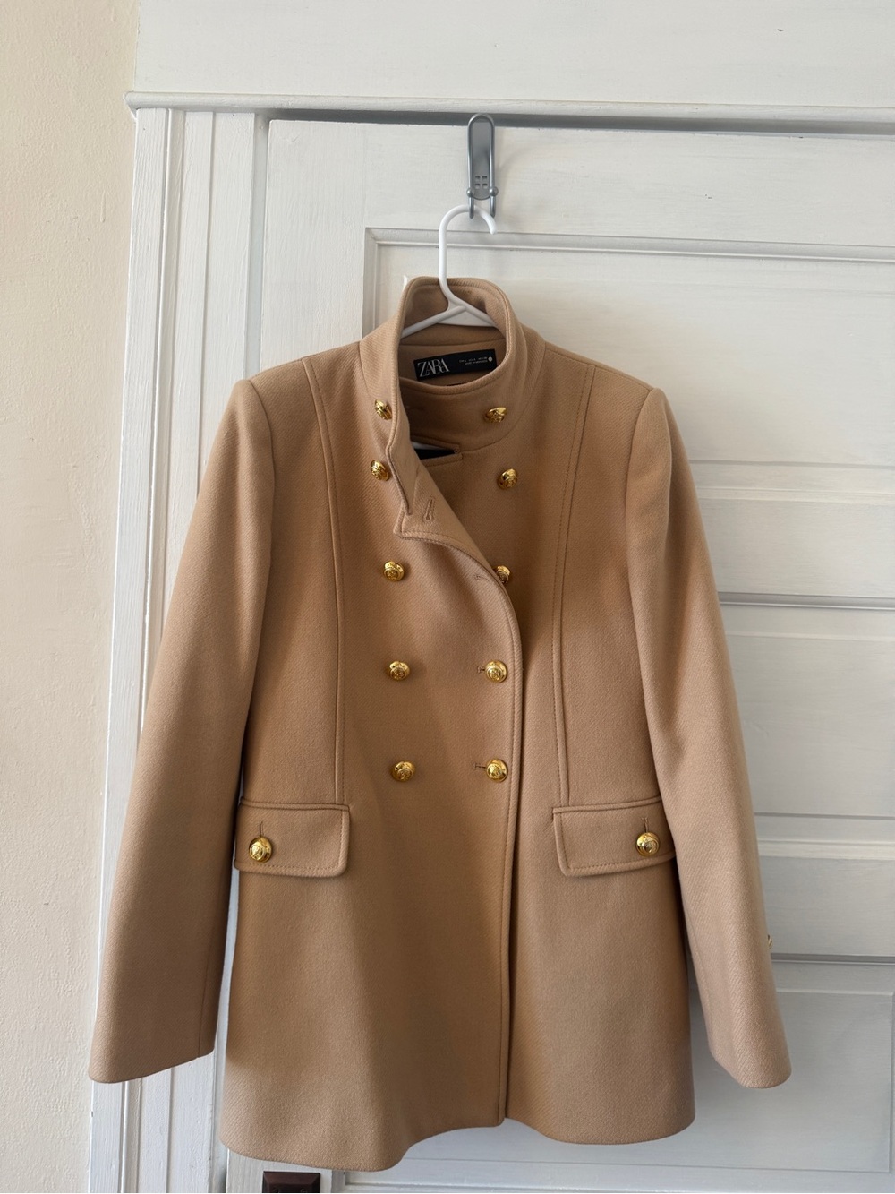 Zara Camel Double-Breasted Military-Style Pea Coat with Gold Buttons